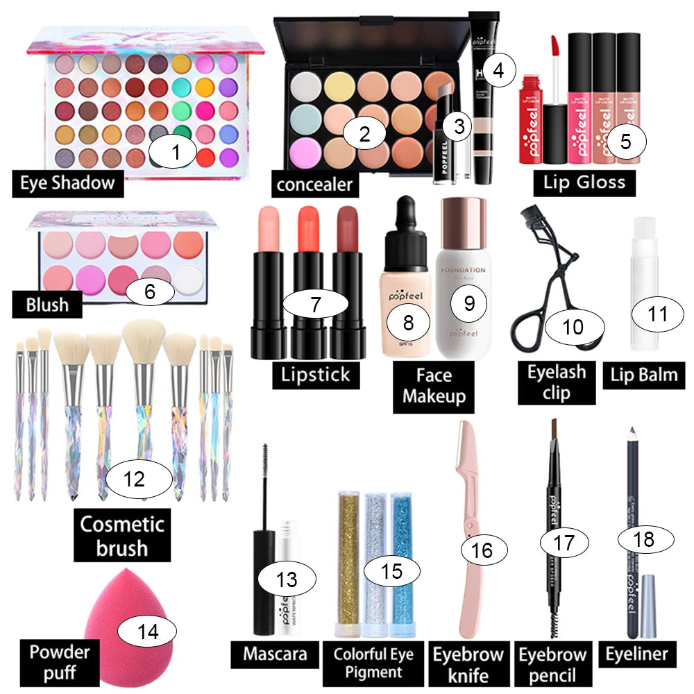 Marie Kit de Maquillaje Todo en Uno para Mujer — Set Completo con Cejas, Delineador y Sombras de Ojos