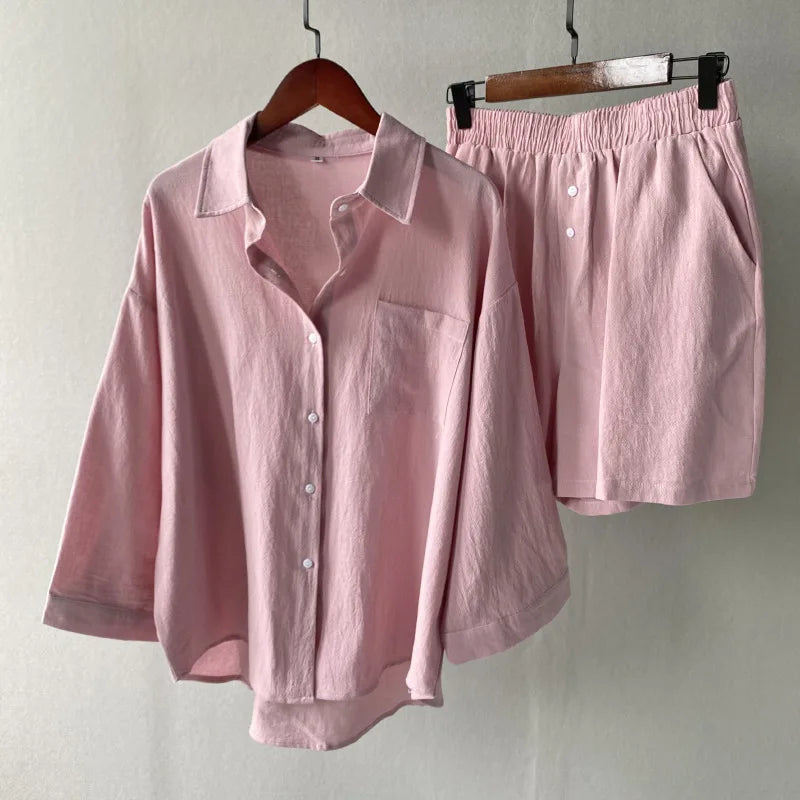 Two Piece Set Women Home Suit 2024 Cotton Linen Shorts Pajamas Sets Vintage Boho Shirt High Waist Loose Shorts Sets Sleepwear