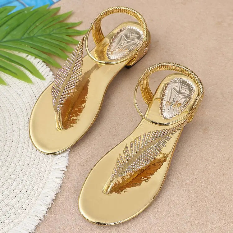 Women's Sandals Low Block Heel Rhinestone Leaf Thong Style Elastic Slingback Glossy Finish Summer Vacation Casual Dressy Shoes