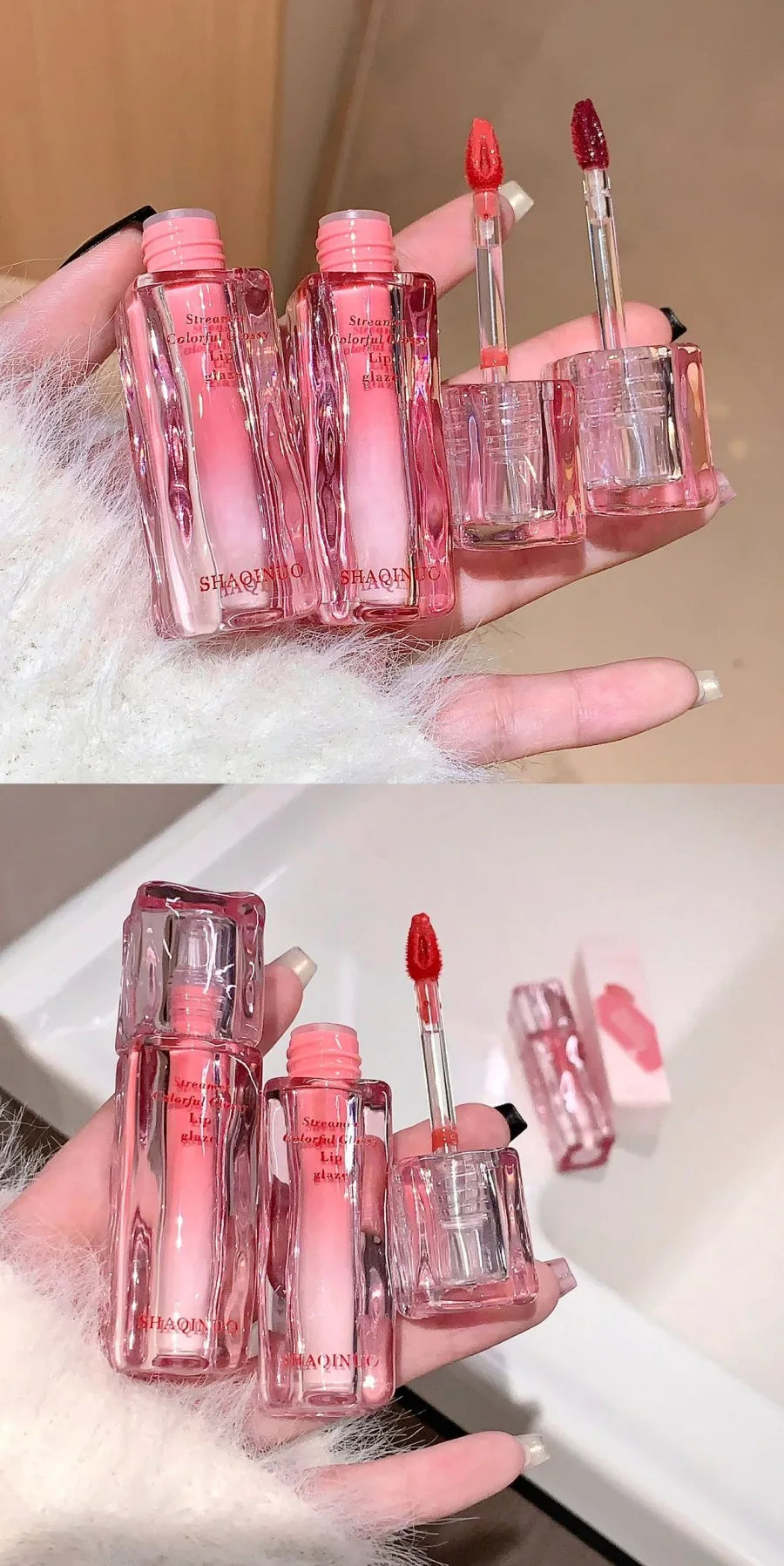 SHAQINUO Streamer Colorful Water Gloss Lip Glaze Mirror Water Gloss Moisturizing Lip Plumping Color Whitening