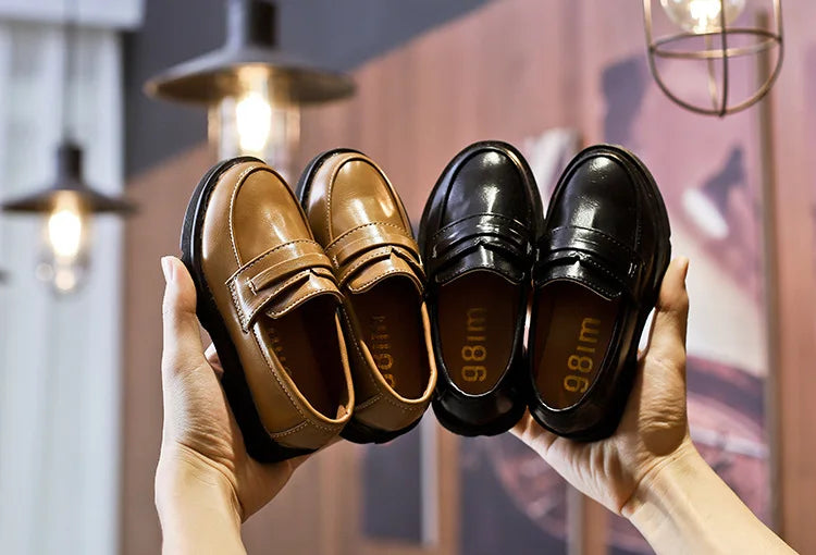 2025Kids Loafers Slip-on Pu Leather Shallow Black Brown Boys Girls Flat Shoes 21-36 Toddler Fashion Leisure Children Casual Shoe