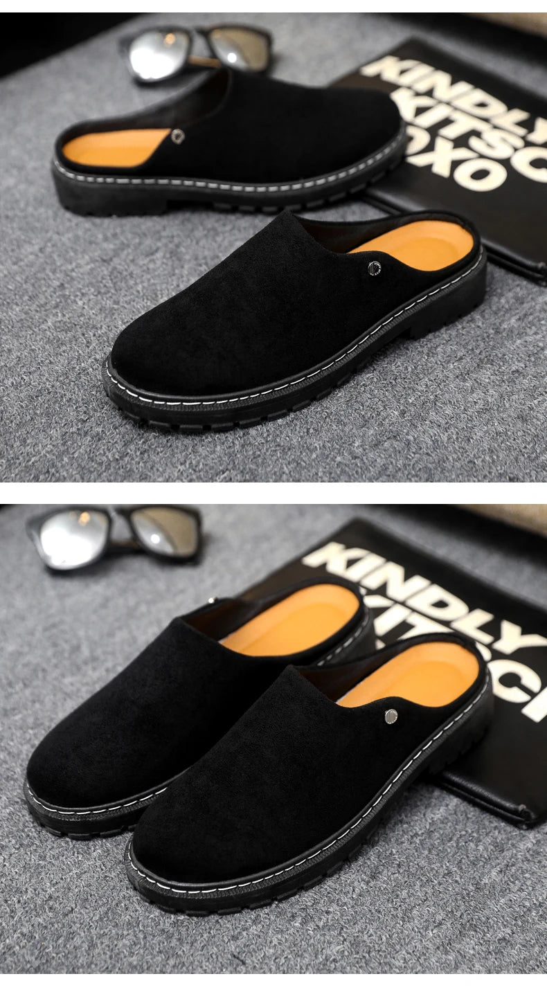 Black Men's Half Shoes Summer Casual Shoes Comfortable Suede Leather Shoes For Men Loafers Breathable Slip-on Shoes Man Slippers