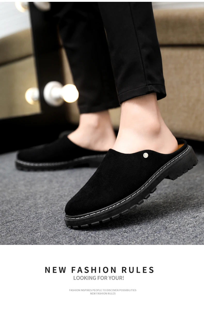 Black Men's Half Shoes Summer Casual Shoes Comfortable Suede Leather Shoes For Men Loafers Breathable Slip-on Shoes Man Slippers