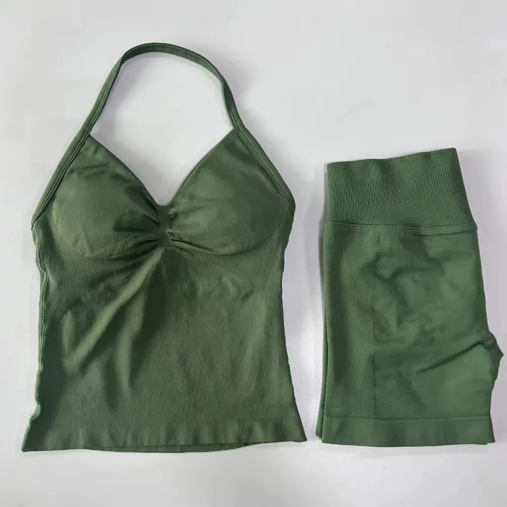 Workout Set 2 Pieces Sports Set Women Backless Tank Tops High Waist Scrunch Seamless Shorts Sport Suit Gym Set Sportswear