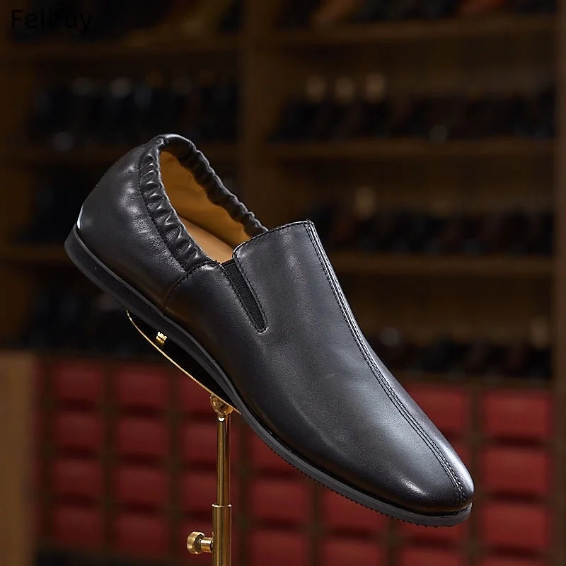 Black Casual Low-Heel Men's Genuine Leather Flat Shoes Korean Style Slip-On Loafers Fashionable Black Business Shoes round Toe