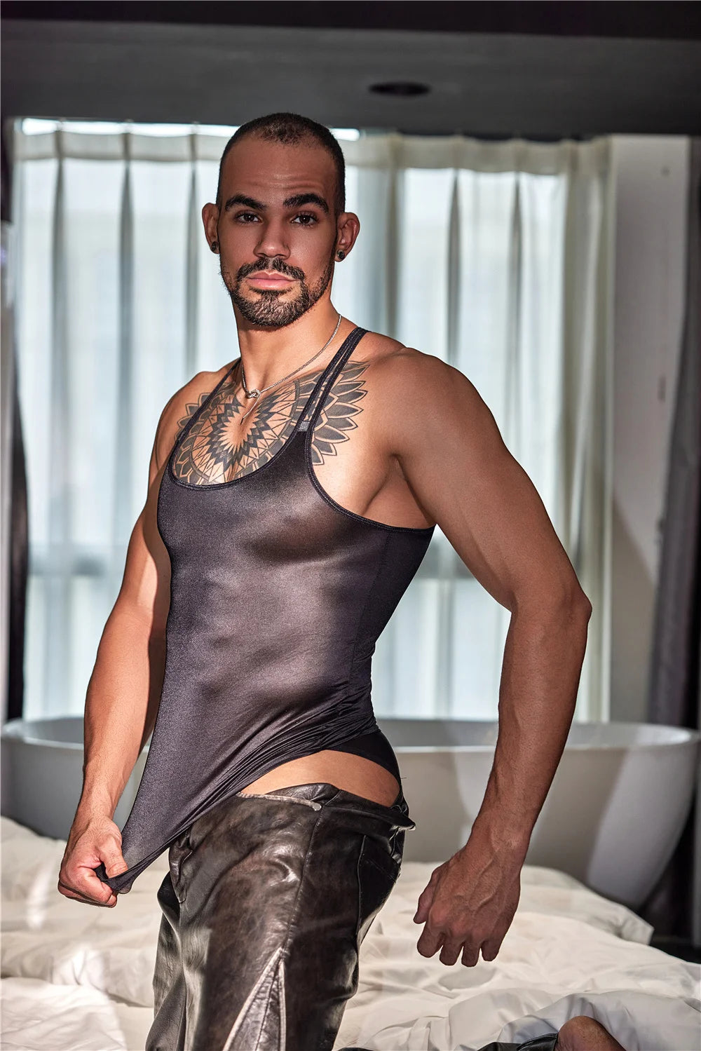 Sexy Men Oil Glossy Shiny Tank Tops Thin High Elastic Men Fashion Vest Shaper Wear Sleeveless T-shirts Allure Cross Tops