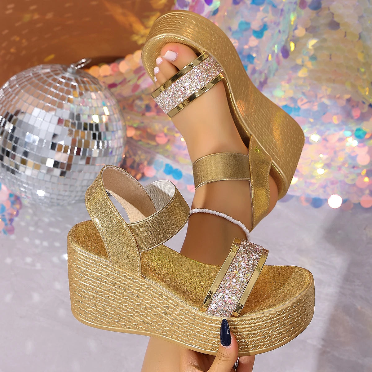 Fashion Golden Glitter Platform Sandals Women 2026 Summer Elastic Band High Heel Wedge Sandals Woman Outdoor Slippers