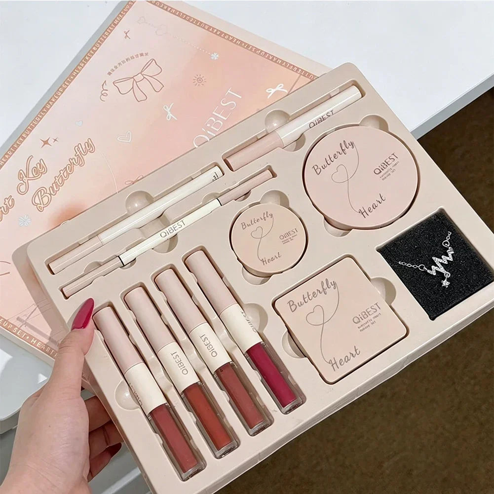Marie Set de Maquillaje Facial de Regalo — Brillo Labial Doble Punta, Polvo Compacto, Rubor, Sombras, Lápiz de Cejas, Delineador y Aceite Labial
