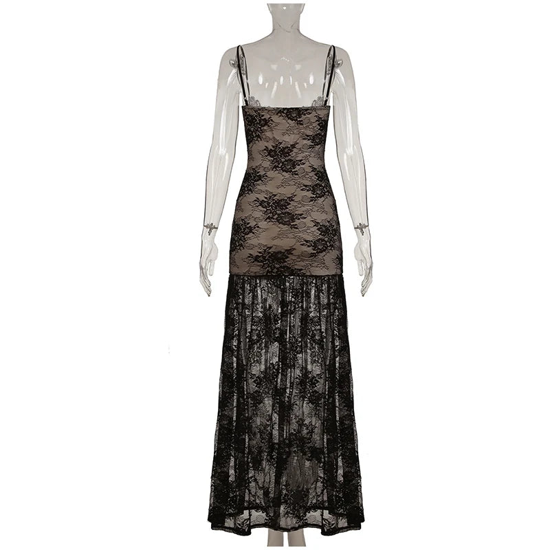 Sexy Lace Spaghetti Strap Dress Women Sleeveless Backless See Through Slim Split Long Dresses 2026 Spring Holiday Lady Robes