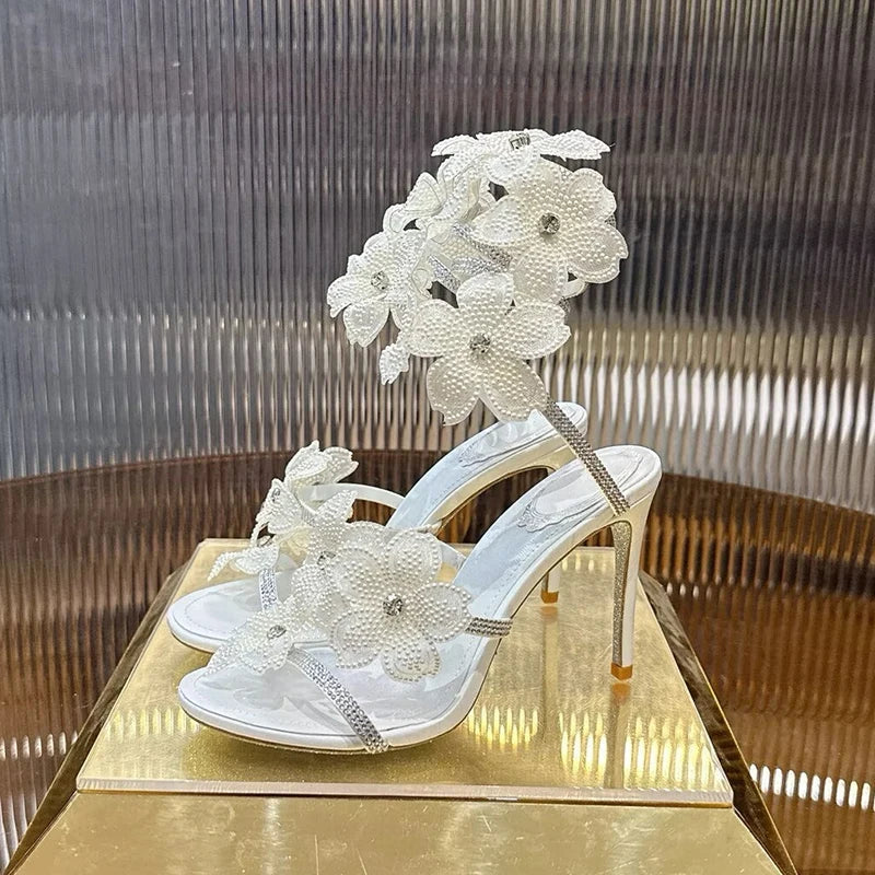 Sandalias Women Rhinestone Flower Decor Dress Shoes Snake Shaped Elastic Strap Thin High Heels Sandals Summer Bridesmaid Shoes