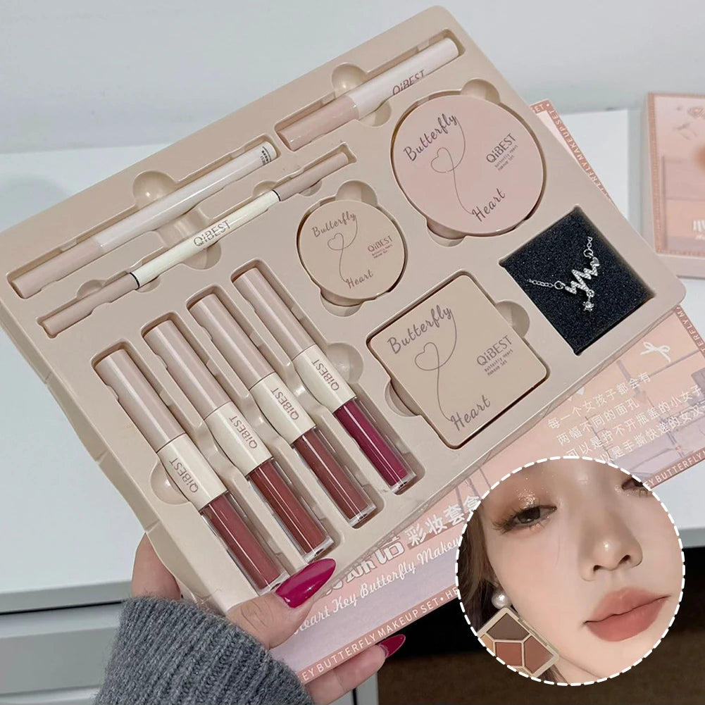 Marie Set de Maquillaje Facial de Regalo — Brillo Labial Doble Punta, Polvo Compacto, Rubor, Sombras, Lápiz de Cejas, Delineador y Aceite Labial