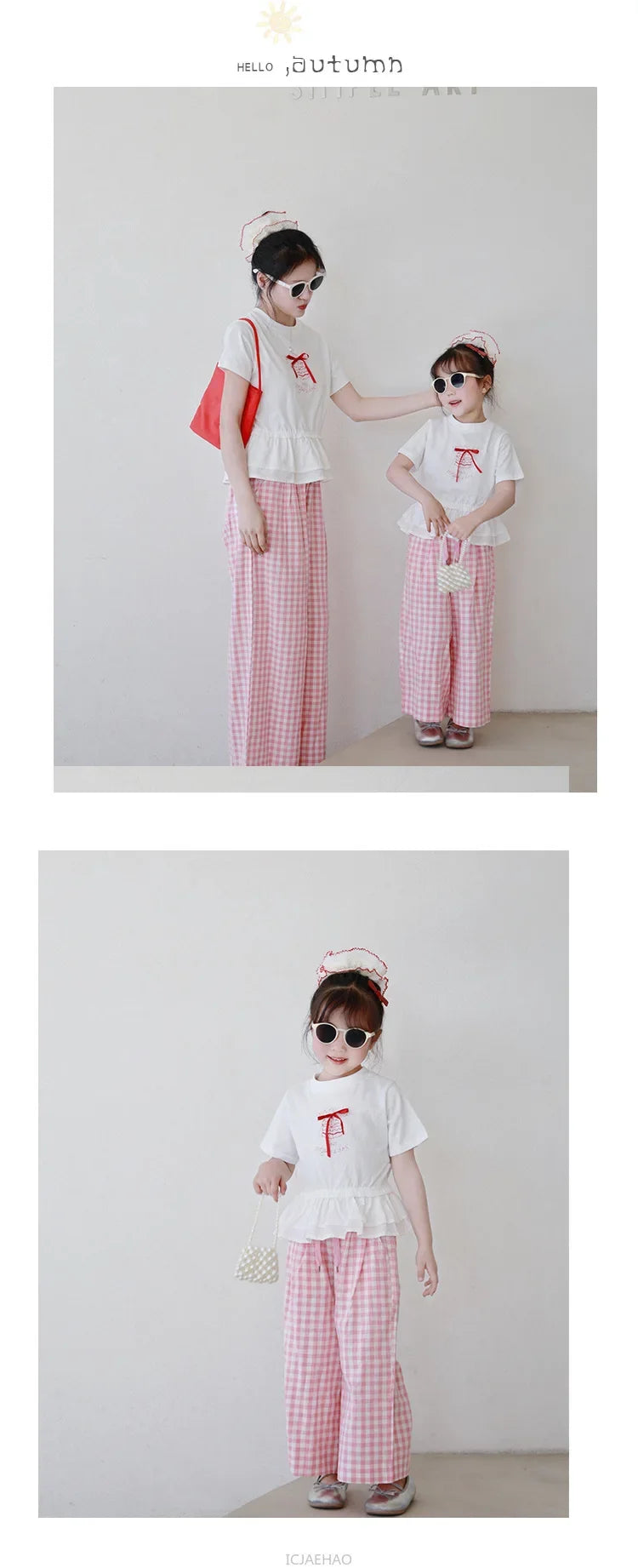 2025 Mother Daughter Matching Outfits Pink White Checkered Pants Tshirt Set Summer Casual Family Clothes Vacation Suits Mom