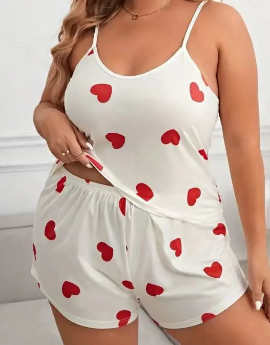 2026 Summer Women's Heart Print Pajama Set Sleeveless Elastic Waist Shorts 2 Pieces Female Sleepwear Nightwear XL-5XL Plus Size