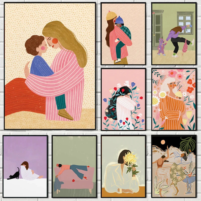 Abstract Mother Hold Her Son Illustration Canvas Print Mother's Day Feminist Wall Art Poster for Modern Nursery Home Decor Gifts