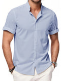 Summer Men's Short Sleeve Shirts Solid Color Stand Up Collar T Shirts Loose Casual Beach Shirt Breathable Male Linen Tops