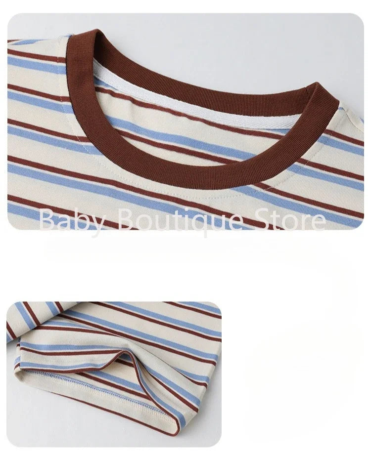2025 Mom Daughter Father Son Family Matching Summer Cotton Mother Daughter Outfits Twin Wear Casual Striped Tshirt Overalls Set