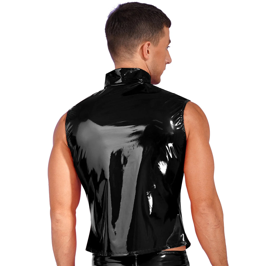 Mens Glossy Patent Leather Crop Tops Patent Leather Stand Collar Vest Top Clubwear Zipper Sleeveless Jacket Gothic Punk Clubwear