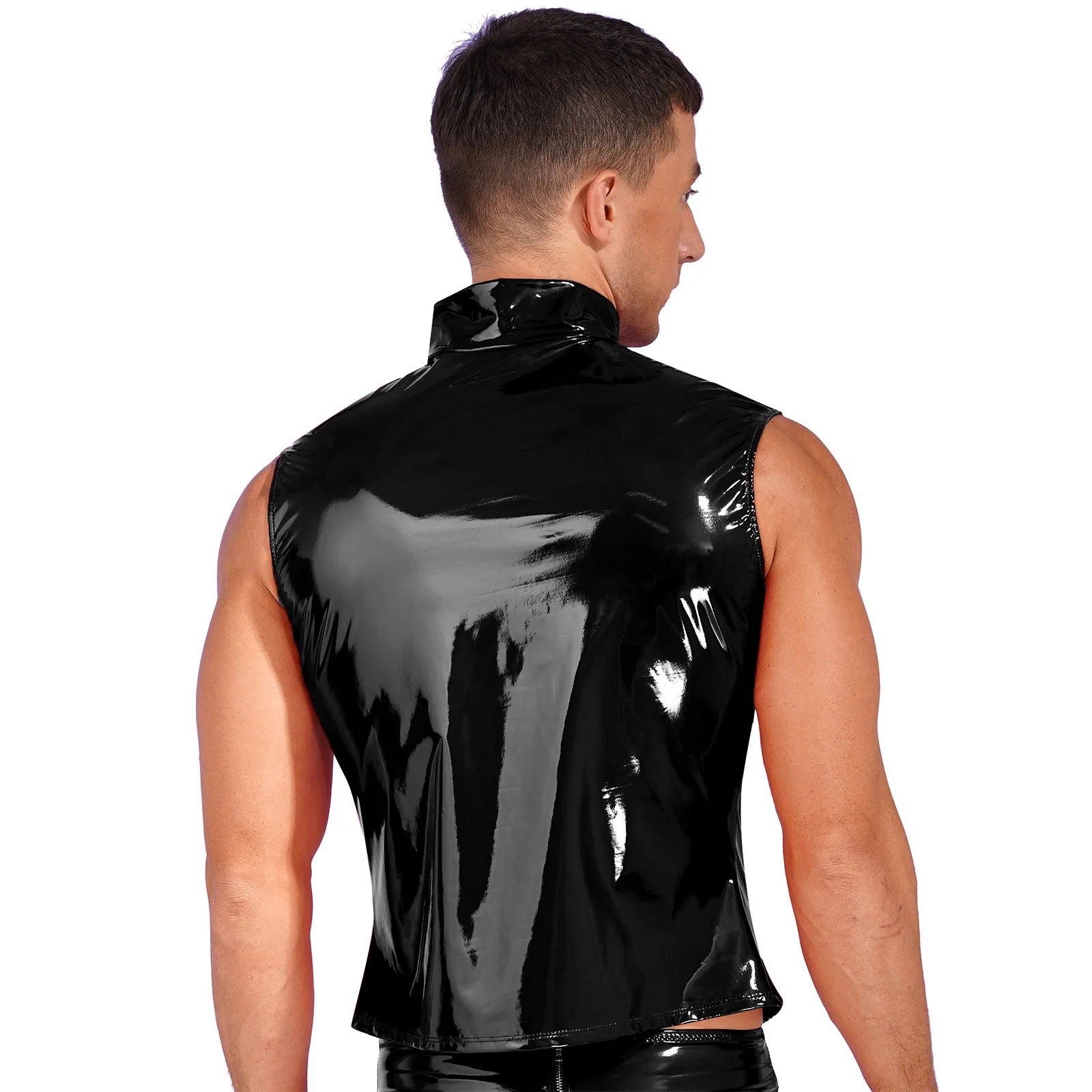 Mens Glossy Patent Leather Crop Tops Patent Leather Stand Collar Vest Top Clubwear Zipper Sleeveless Jacket Gothic Punk Clubwear