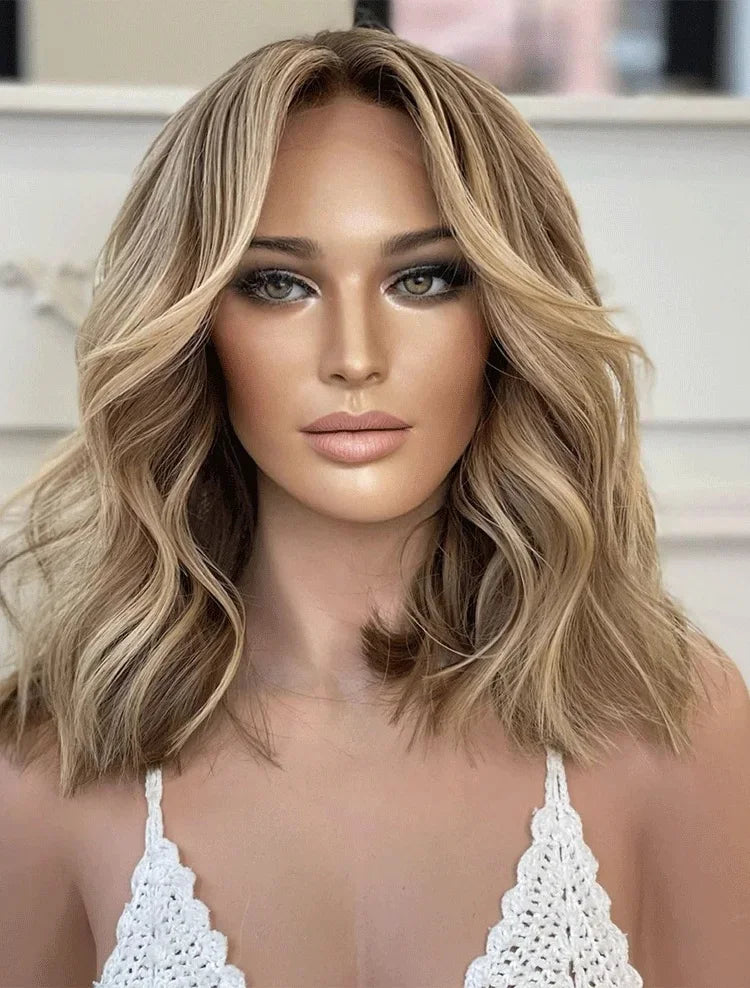 Wig female Synthetic Hair Brown Blonde Highlights Short Bob Shoulder Wigs 13x4 Glueless High Quality Full Enough miku cosplay