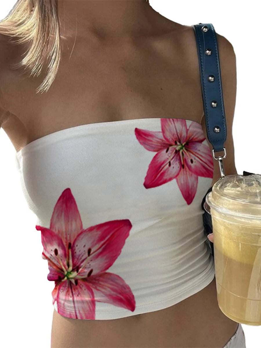 Women s Floral Print Tube Tops Summer Strapless Bandeau Tops  Fit Shirts Streetwear
