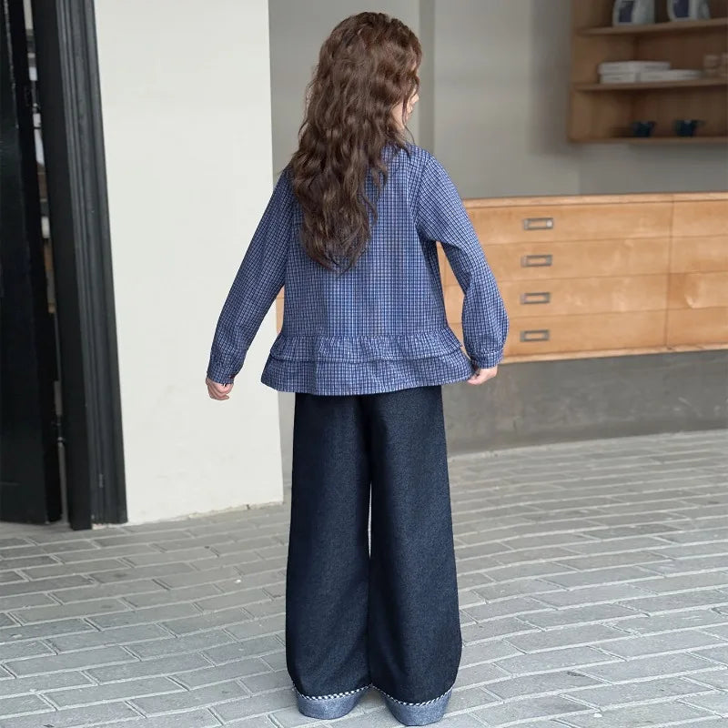 Girls Clothing Set Fashion Children Blue Plaid Loose Fit Sweet Doll Shirt +Cowboy Wide Leg Pants Two-piece Set Spring Autumn