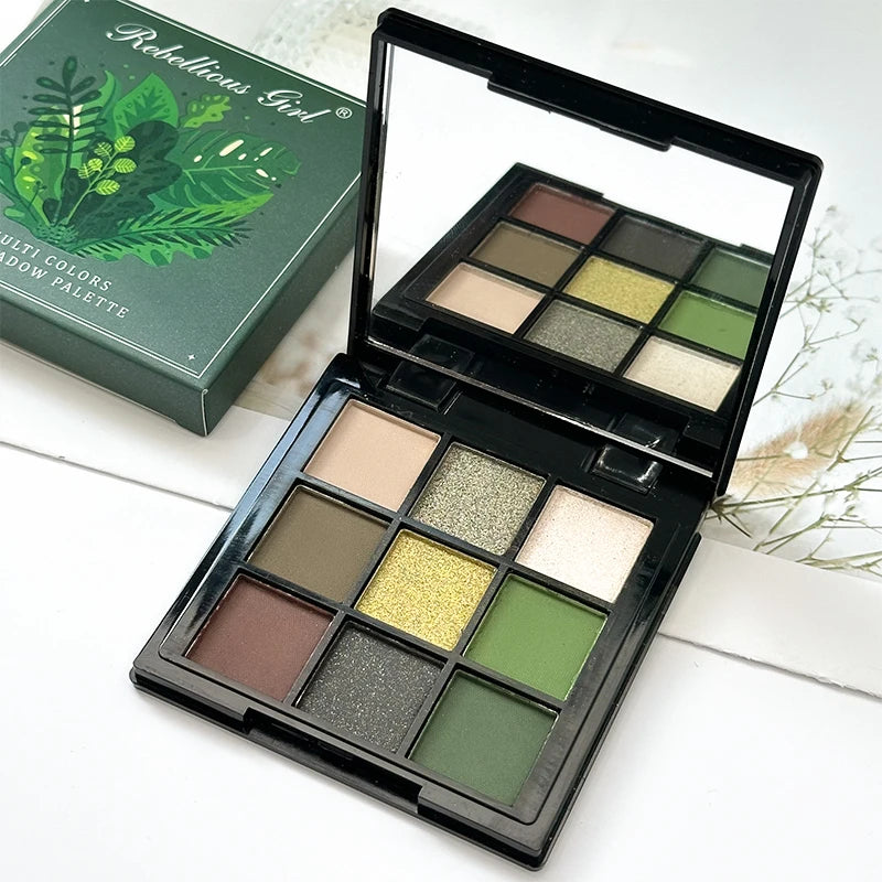 9 Color Eyeshadow Palette Olive Green Smoky Eye Look Pearlescent Shimmer Matte Eyeshadow Powder Makeup Palette Glitter Cosmetics