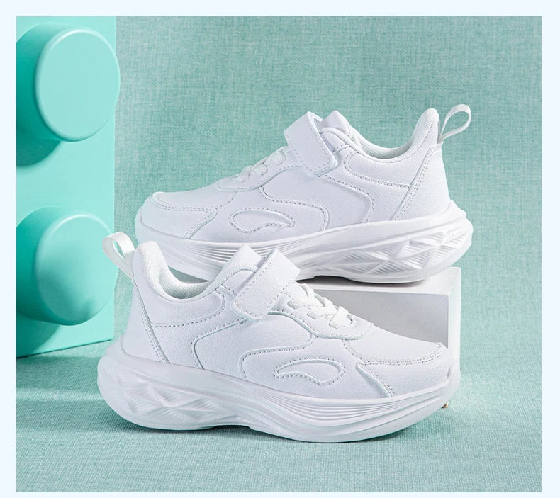 Kids White Leather Sneakers Lightweight Non-slip Casual Running Shoes for School Student Walking Outdoor Children Tennis