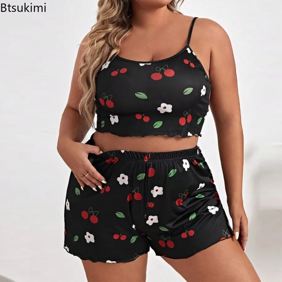 2026 Summer Women's Heart Print Pajama Set Sleeveless Elastic Waist Shorts 2 Pieces Female Sleepwear Nightwear XL-5XL Plus Size