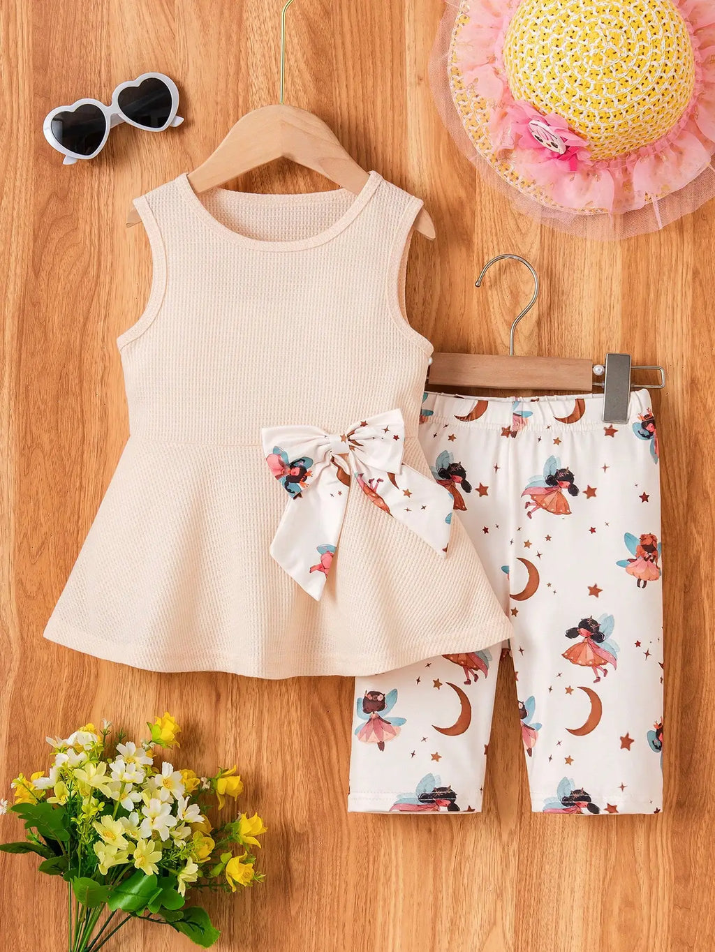 (153) Little Girls' Casual Summer Outfit - Sleeveless Top Set with Fairy and Moon Patterns Paired with Cute Shorts, Two-Piece Set, Comfortable and Cool for Everyday Wear, Made of Breathable and Comfortable Fabric, Suitable fo