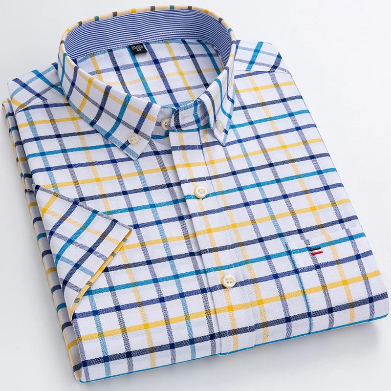 2026 100% Pure Cotton Men's Oxford Short Sleeve Square Collar Soild Plaid Striped Summer Casual Shirts Single Pocket  Shirt