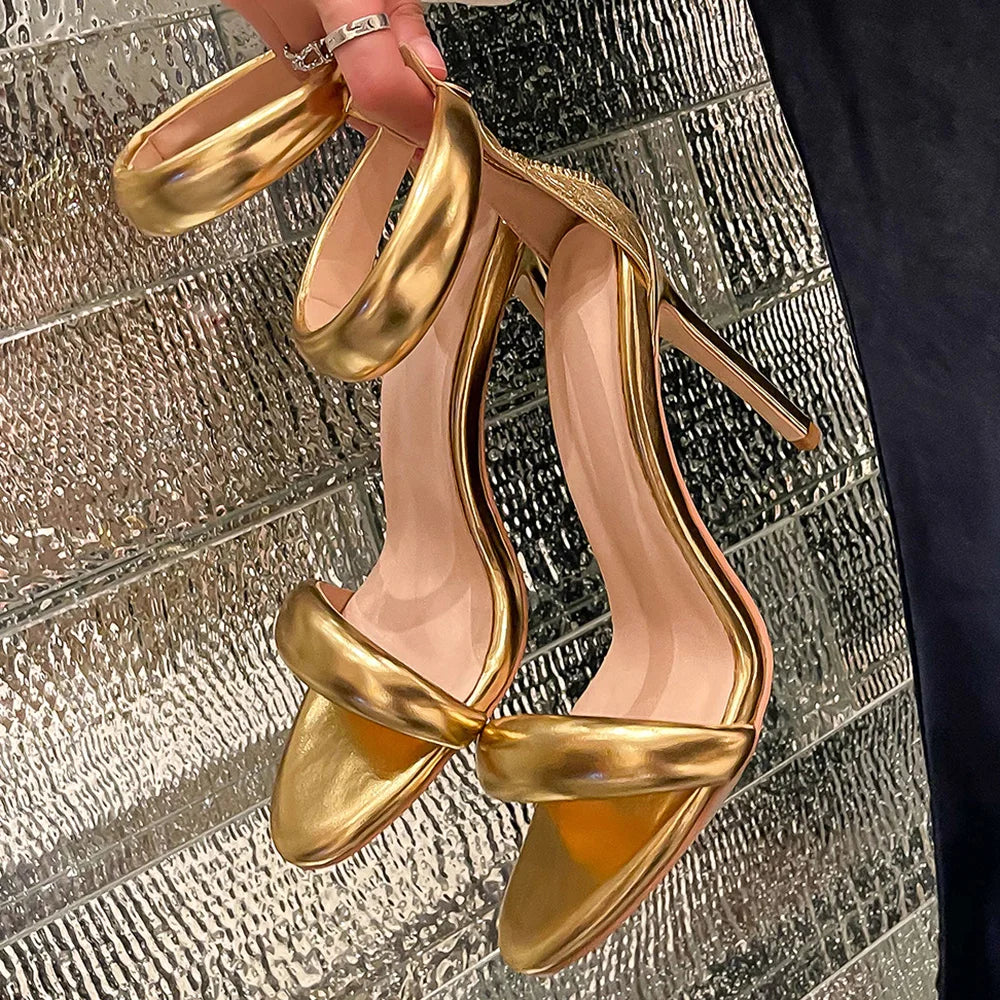 Sandals Women 2025 Concise Style One-strap Sandals for Girls Women Sexy Stiletto Heel Back Zip Cover Heels Summer Sandalias Gold